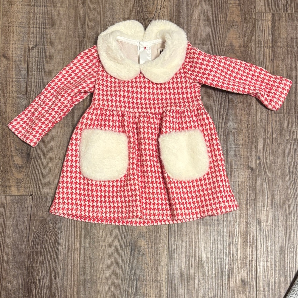 Hatley Red and White Houndstooth Dress with Faux Fur Collar